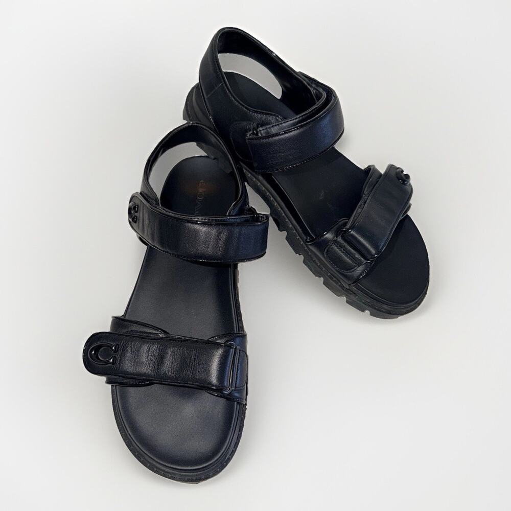 Coach Brynn Leather Sandals CS094 Black Strap C Logo Chunky Sole US 10B EUR 40.5